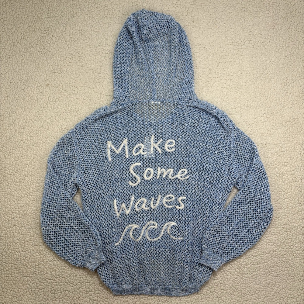 NWT Surf Gypsy Open Knit Hoodie Womens M "Make Some Waves" Blue Cover Up Sweater